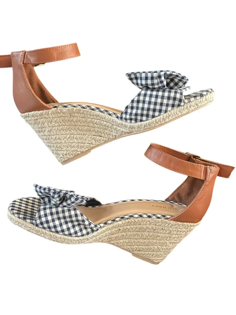 Old Navy Gingham Bow-Tie Espadrille Wedges navy and white checkered‎ bow 8.5